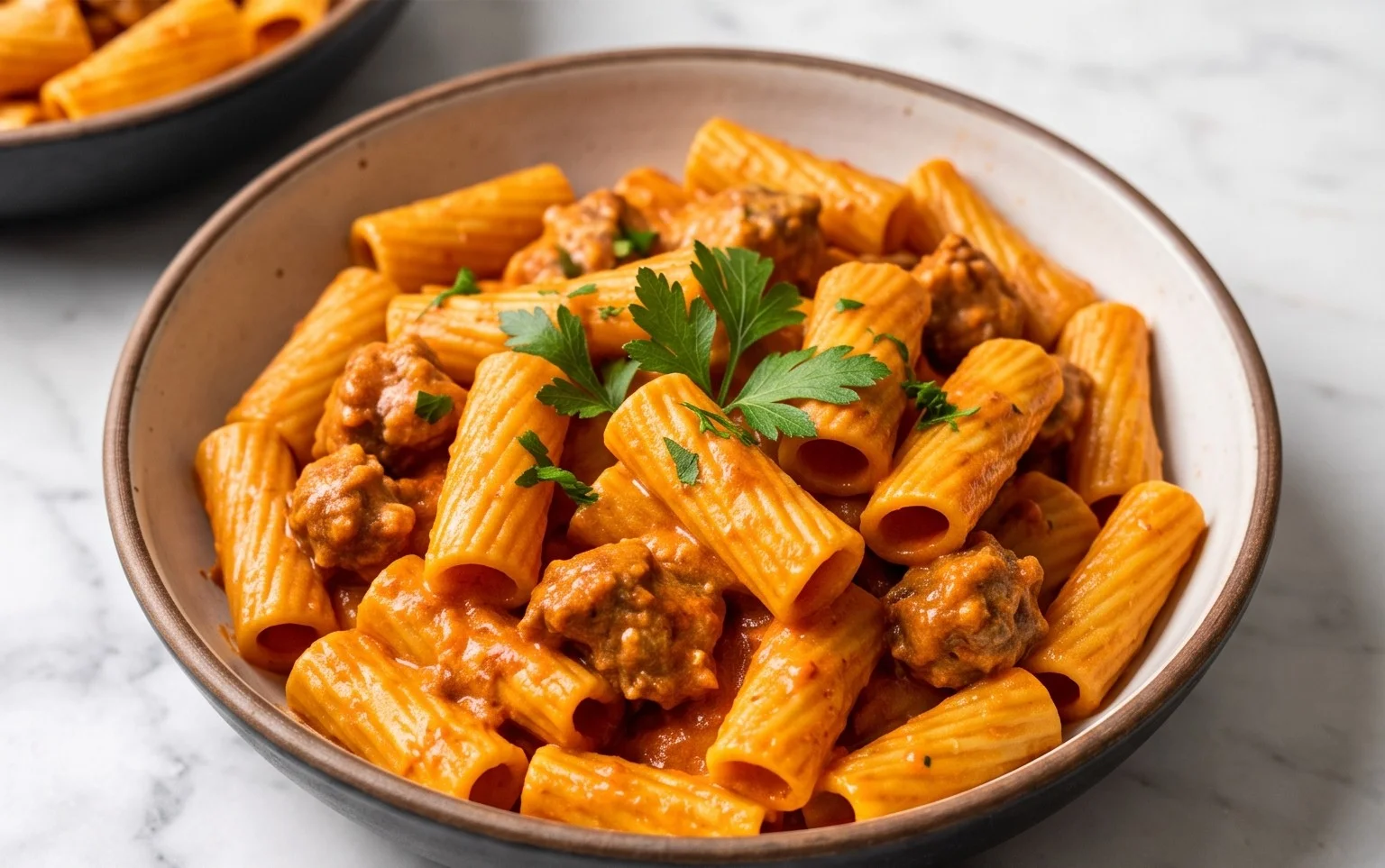 Rigatoni crémeux à la saucisse en une poêle